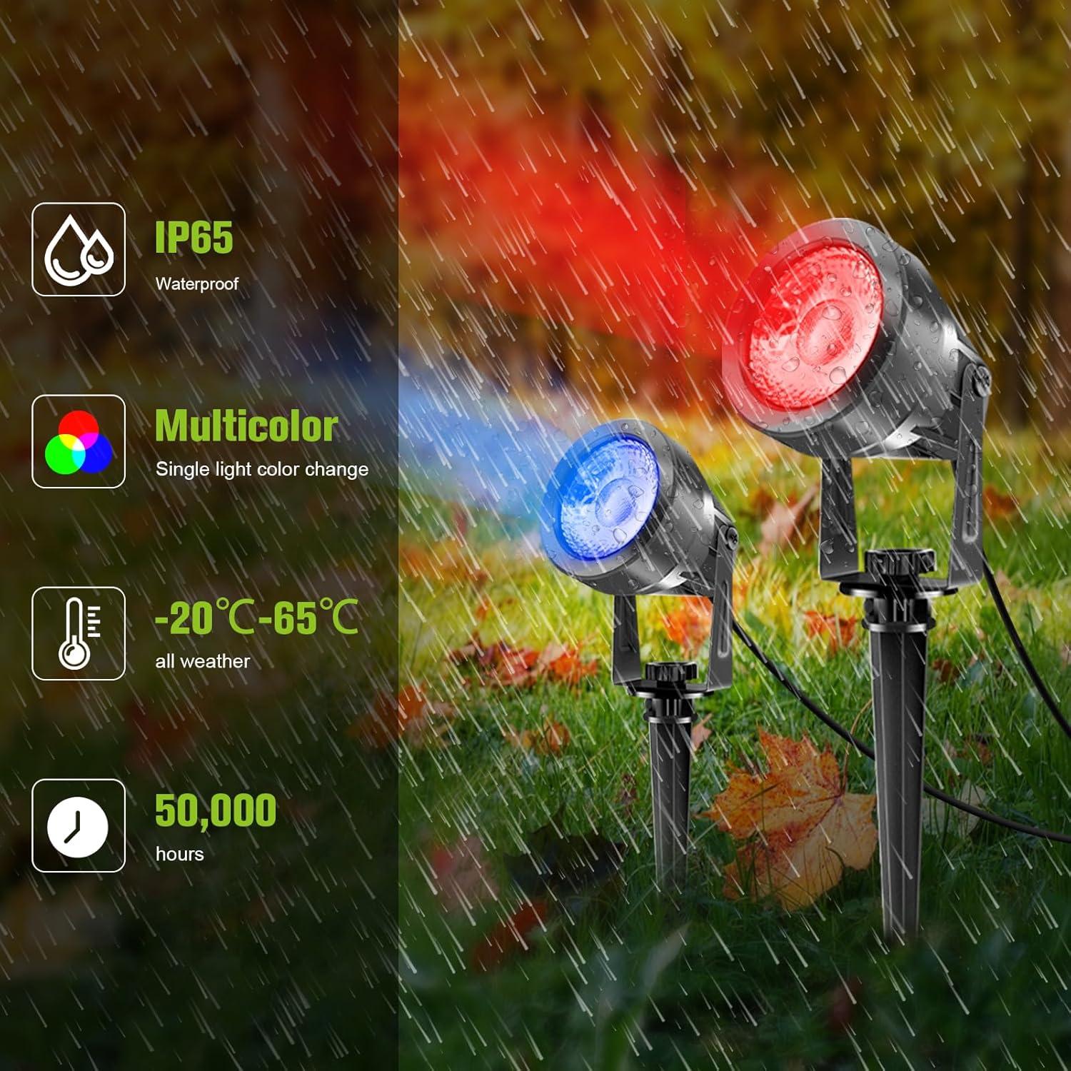 imageVOLISUN Halloween Landscape Color Changing Spotlights RGB with Transformer 7 Multicolored Hallween Outdoor Uplights Waterproof IP65 for Patio Gate Walkway Pool Garden Yard Driveway 4PackRGBABS