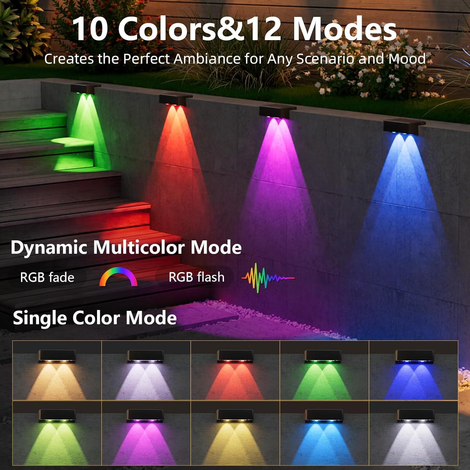 imageVOLISUN Solar Deck Lights 12 Pack Warm White Cool White and RGB Color Glow LED Large Size Lamp IP65 Waterproof Solar Fence Lights Outdoor for Step Patio Fence Railing Wall Stairs12