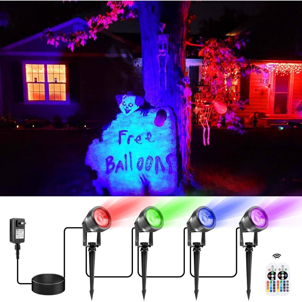 imageVOLISUN Halloween Landscape Color Changing Spotlights RGB with Transformer 7 Multicolored Hallween Outdoor Uplights Waterproof IP65 for Patio Gate Walkway Pool Garden Yard Driveway 4PackRGBABS