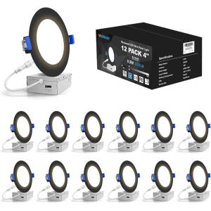 imageVOLISUN 12 Pack 4 inch Recessed Lighting 5CCT LED Recessed Light with Junction Box 2700K5000K Selectable 95W Eqv 80W 810LM Dimmable Canless Wafer Downlight LED Ceiling Light ETL CertificatedBlack