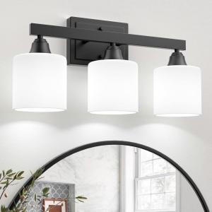 imageVOLISUN Brushed Nickel Bathroom Light Fixtures 4Light Bathroom Vanity Lights Over Mirror Modern Vanity Light for Bathrooms Bathrooms Lights Fixtures Over Mirror with Milky White Glass ShadesBlack