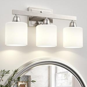 imageVOLISUN Brushed Nickel Bathroom Light Fixtures 4Light Bathroom Vanity Lights Over Mirror Modern Vanity Light for Bathrooms Bathrooms Lights Fixtures Over Mirror with Milky White Glass ShadesNickel