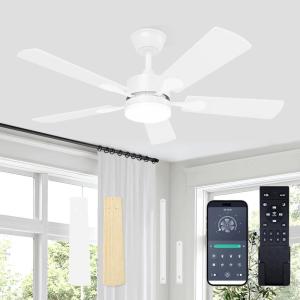 imageVOLISUN Ceiling Fan with Light 42 inch Flush Mount Ceiling Fan with Lights and Remote Dimmable LED Fan Light Low Profile Ceiling Fan White Modern Ceiling Fan for Bedroom IndoorOutdoorWhite
