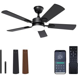 imageVOLISUN Ceiling Fan with Light 42 inch Flush Mount Ceiling Fan with Lights and Remote Dimmable LED Fan Light Low Profile Ceiling Fan White Modern Ceiling Fan for Bedroom IndoorOutdoorBlack