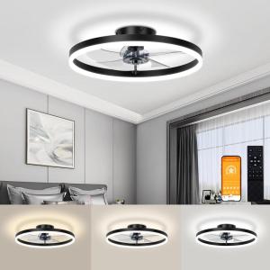 imageVOLISUN Low Profile Ceiling Fans with Light and Remote197in Modern Bladeless Ceiling Fan with Lights3000K6500K Dimmable Flush Mount LED Fan LightWhite Fandelier Ceiling Fans for BedroomBlack