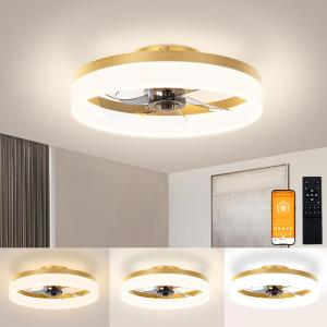 imageVOLISUN Low Profile Ceiling Fans with Lights and Remote 197in Fandelier Ceiling Fan Flush Mount 3000K6500K Smart Bladeless LED Fan Light White Modern Ceiling Fans with Lights for BedroomGold