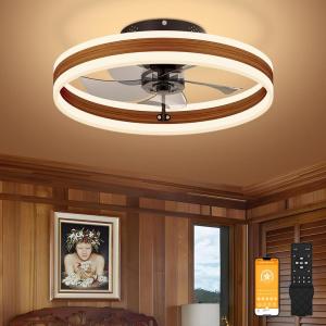imageVOLISUN Low Profile Ceiling Fans with Lights and Remote 197in Flush Mount Ceiling Fans with Light 3000K6500K Dimmable Fandelier LED Fan Light White Bladeless Ceiling Fans with Lights for BedroomWalnut