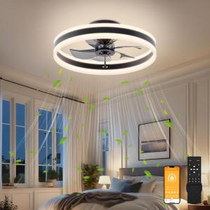 imageVOLISUN Low Profile Ceiling Fans with Lights and Remote 197in Flush Mount Ceiling Fans with Light 3000K6500K Dimmable Fandelier LED Fan Light White Bladeless Ceiling Fans with Lights for BedroomBlack