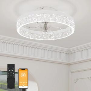 imageVOLISUN Modern Ceiling Fans with Lights and Remote 197in Low Profile Ceiling Fan Flush Mount 3000K6500K Dimmable Bladeless LED Fan Light White Fandelier Ceiling Fans with Lights for BedroomWhite