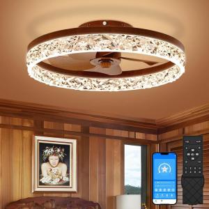 imageVOLISUN Modern Ceiling Fans with Lights and Remote 197in Low Profile Ceiling Fan Flush Mount 3000K6500K Dimmable Bladeless LED Fan Light White Fandelier Ceiling Fans with Lights for BedroomWalnut