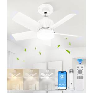 imageVOLISUN Socket Fan Light with Remote Socket Ceiling Fan with Dimmable Led Light Bulb 3CCT 1500 Lumen Light Socket Fan Screw in Small Ceiling Fan for Bedroom Kitchen Living Room GarageWhite