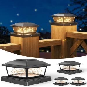 imageVOLISUN Solar Post Cap Lights Outdoor 6Pack Black Fence Cap Lights Solar Powered Fits 4x4 6x6 Wooden4x4 5x5 Vinyl Post Firefly filaments Lighting for GardenPatioPorchwith Warm WhiteBlack