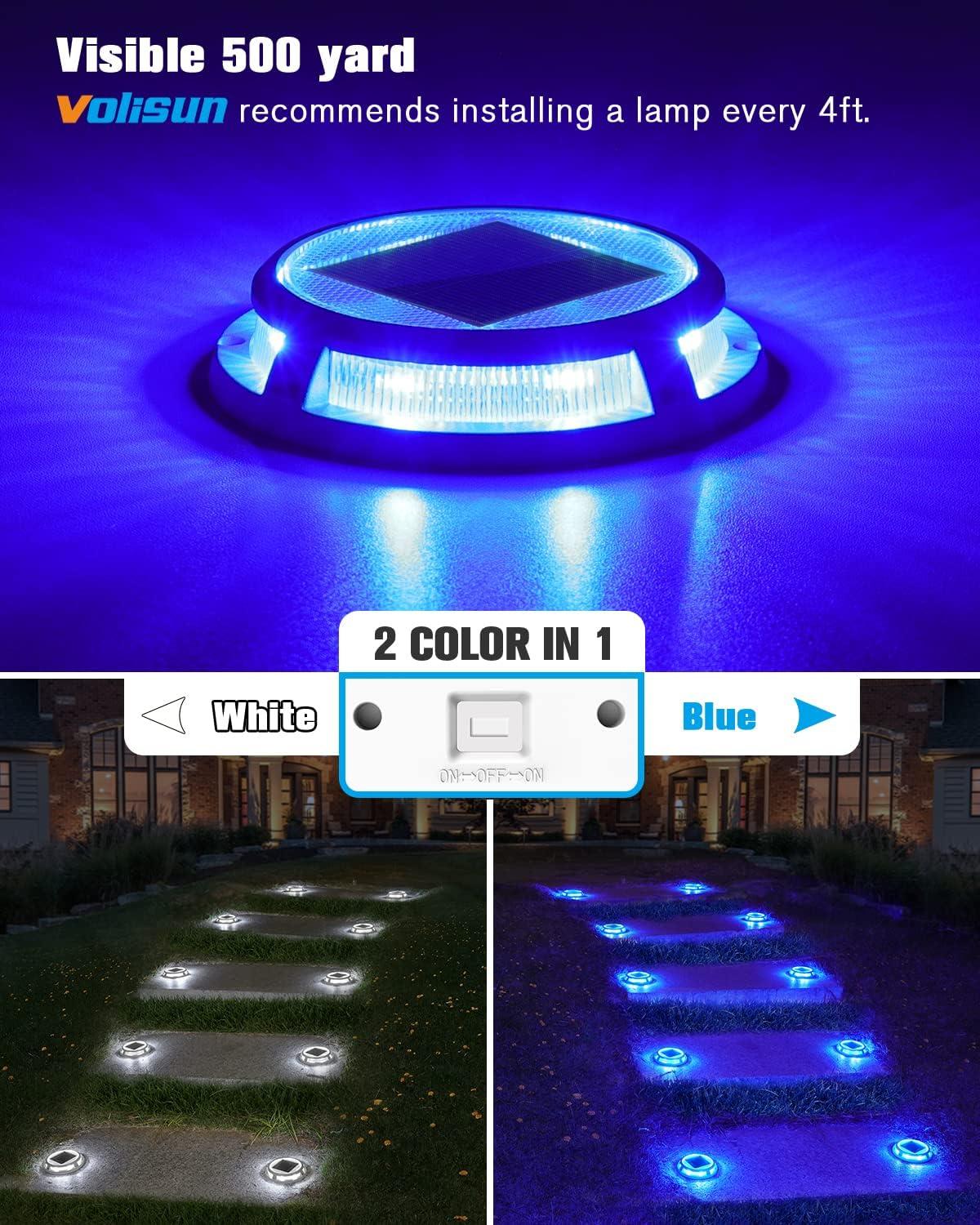 imageVOLISUN Solar Driveway Lights Dock Outdooor Waterproof Marker Lights12 Pack Solar Deck Light 2 Colors in 1 Led IP67 Blue Step Light for Driveway Sidewalk Pathway YardWhiteBlueWhiteBlue