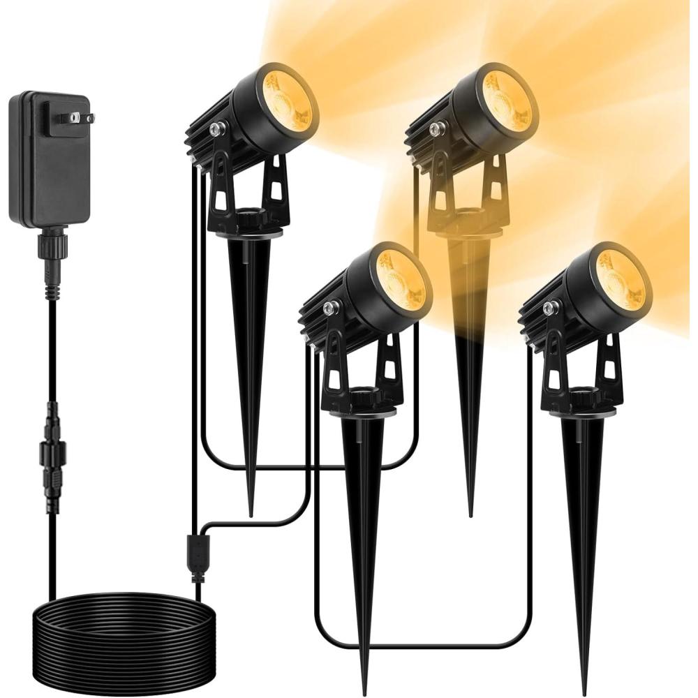 imageVOLISUN Outdoor Uplight Landscape Spotlight with Transformer Low Voltage Landscape Lighting with Stakes 4Pack Metal Material for House Flags984ft Cable IP65 Waterproof Warm White