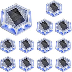 imageVOLISUN Solar Driveway Markers LightsOutdoor Heavy Duty Dock Light12 Pack Waterproof Deck LightsDurable Powered Solar Pathway Light for Sidewalk Step Garden and Pool Warning Signs WhiteBlueWhiteBlue